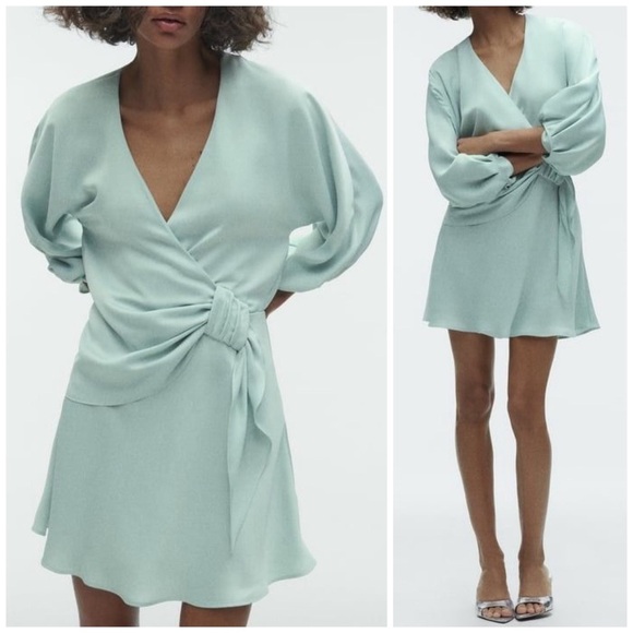 Zara Dresses & Skirts - Zara Satin Puff Sleeve Knot Detail Sea Foam Flowy Short Dress